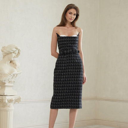 Michelina Black Plaid Tweed Midi Dress with Off-the-Shoulder Silhouette and Bow Detailing