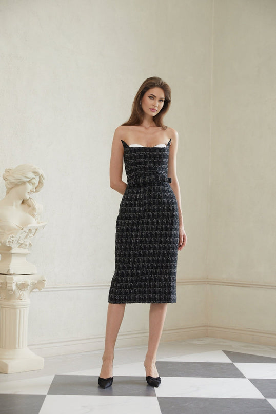 Michelina Black Plaid Tweed Midi Dress with Off-the-Shoulder Silhouette and Bow Detailing