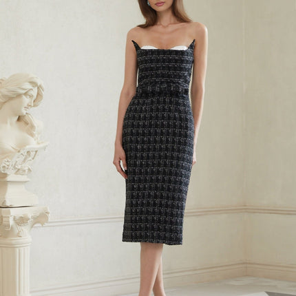 Michelina Black Plaid Tweed Midi Dress with Off-the-Shoulder Silhouette and Bow Detailing