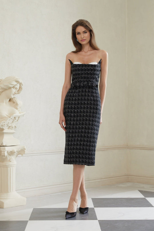 Michelina Black Plaid Tweed Midi Dress with Off-the-Shoulder Silhouette and Bow Detailing