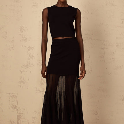 Michelina Black Top and Skirt Set with Sheer Hem and Tulle Paneling