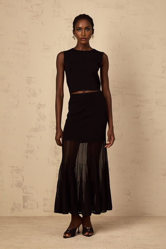 Michelina Black Top and Skirt Set with Sheer Hem and Tulle Paneling
