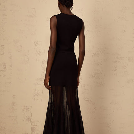 Michelina Black Top and Skirt Set with Sheer Hem and Tulle Paneling