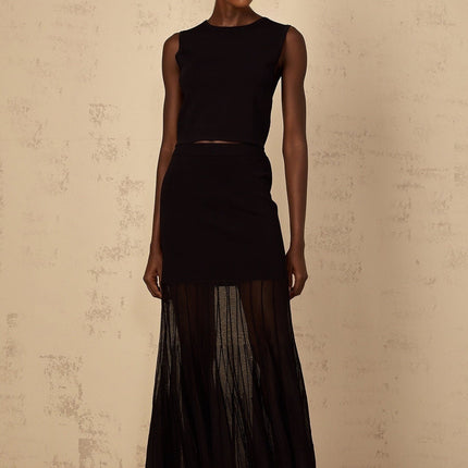 Michelina Black Top and Skirt Set with Sheer Hem and Tulle Paneling