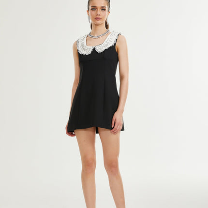 Michelina Black and White Lace Trim Crystal Embellished Mini Dress