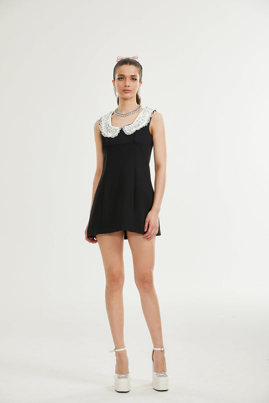 Michelina Black and White Lace Trim Crystal Embellished Mini Dress