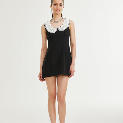 Michelina Black and White Lace Trim Crystal Embellished Mini Dress