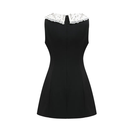 Michelina Black and White Lace Trim Crystal Embellished Mini Dress