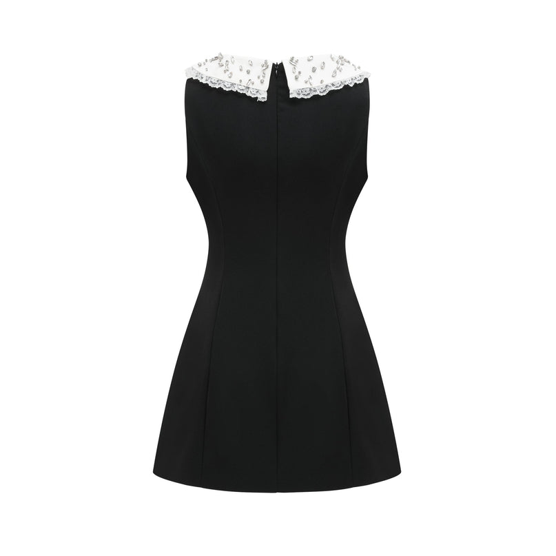Michelina Black and White Lace Trim Crystal Embellished Mini Dress