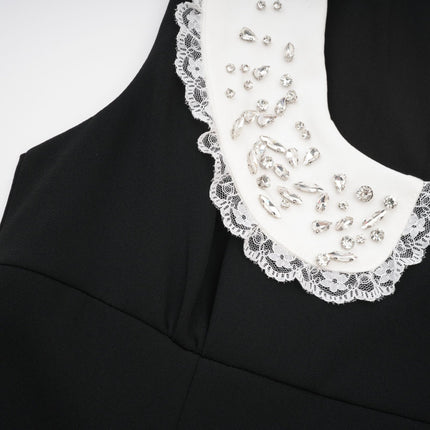 Michelina Black and White Lace Trim Crystal Embellished Mini Dress