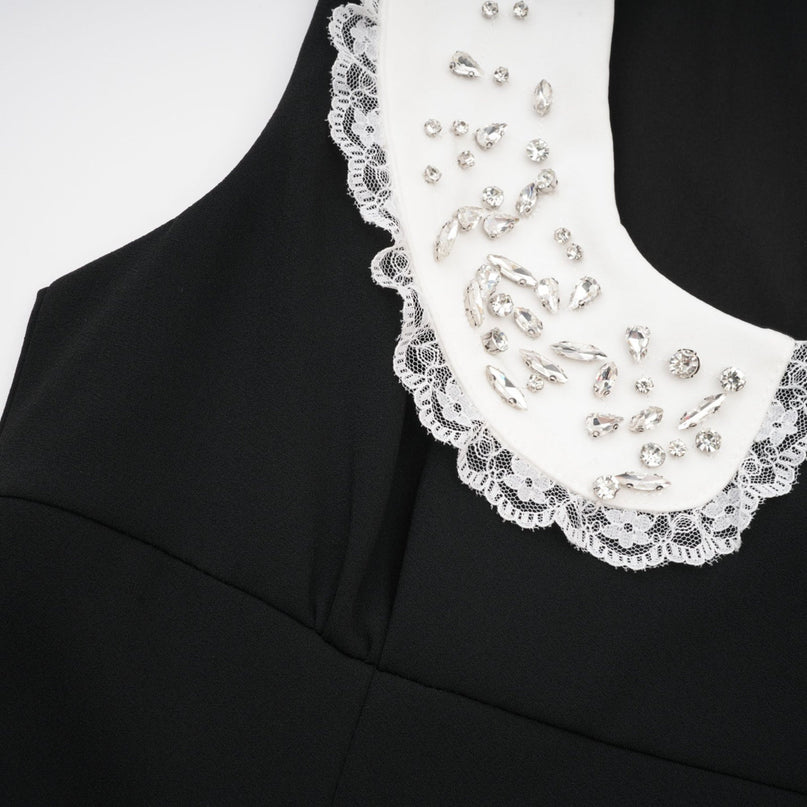 Michelina Black and White Lace Trim Crystal Embellished Mini Dress