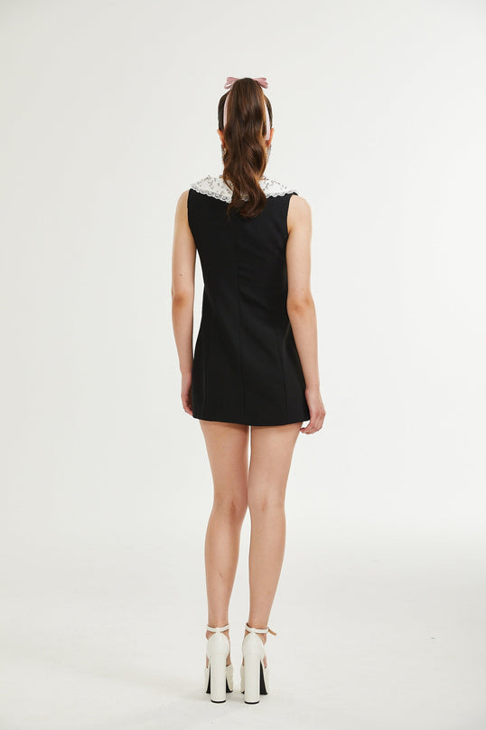 Michelina Black and White Lace Trim Crystal Embellished Mini Dress