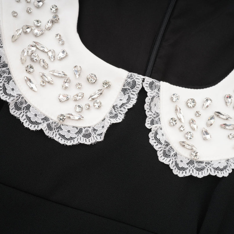 Michelina Black and White Lace Trim Crystal Embellished Mini Dress