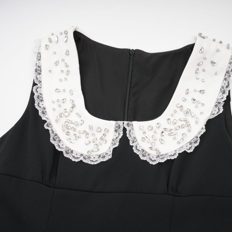 Michelina Black and White Lace Trim Crystal Embellished Mini Dress