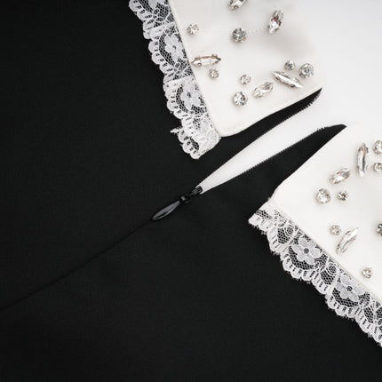 Michelina Black and White Lace Trim Mini Dress with Crystal Embellishments