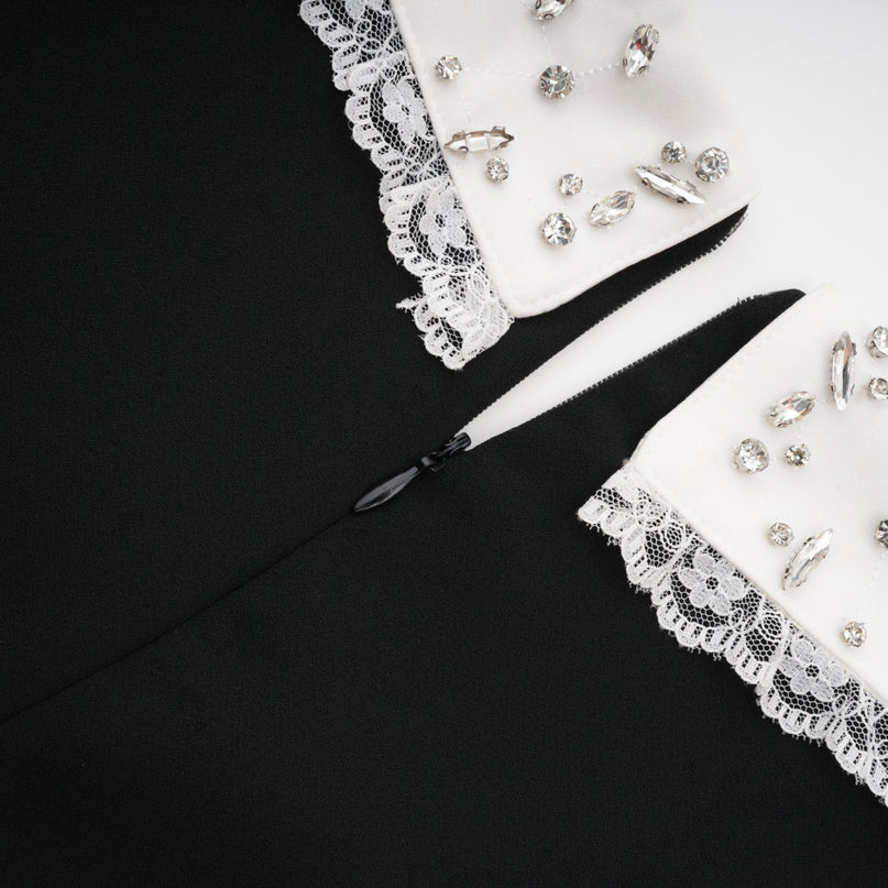 Michelina Black and White Lace Trim Mini Dress with Crystal Embellishments