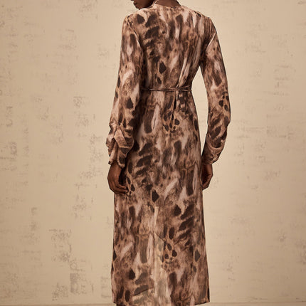 Michelina Brown Leopard Print Midi Dress with Ruffled Elegance