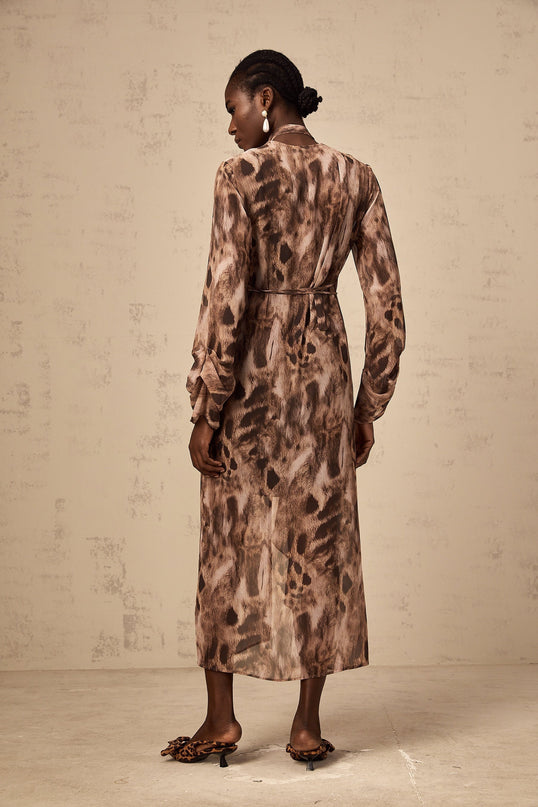 Michelina Brown Leopard Print Midi Dress with Ruffled Elegance