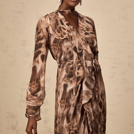 Michelina Brown Leopard Print Midi Dress with Ruffled Elegance and Tie-Neck