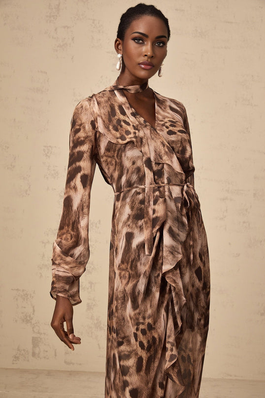 Michelina Brown Leopard Print Midi Dress with Ruffled Elegance and Tie-Neck
