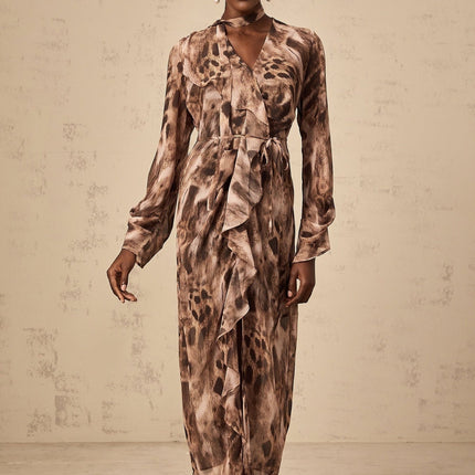 Michelina Brown Leopard Print Midi Dress with Ruffled Elegance and Tie-Neck