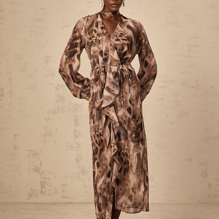 Michelina Brown Leopard Print Midi Dress with Ruffled Elegance and Tie-Neck