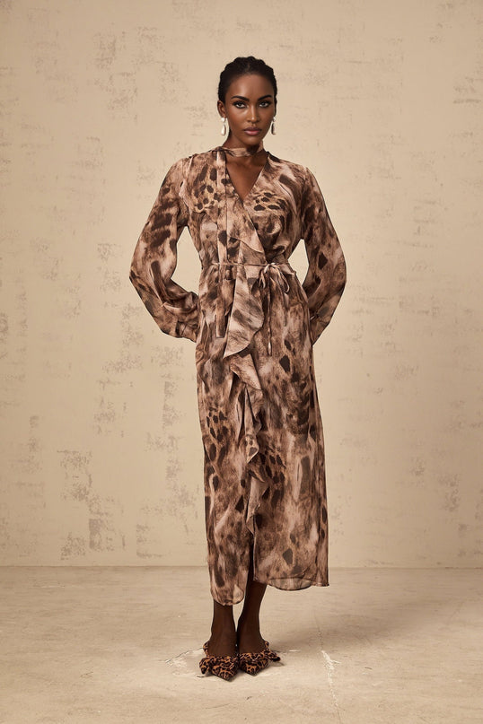 Michelina Brown Leopard Print Midi Dress with Ruffled Elegance and Tie-Neck