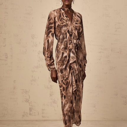 Michelina Brown Leopard Print Midi Dress with Ruffled Elegance and Tie-Neck