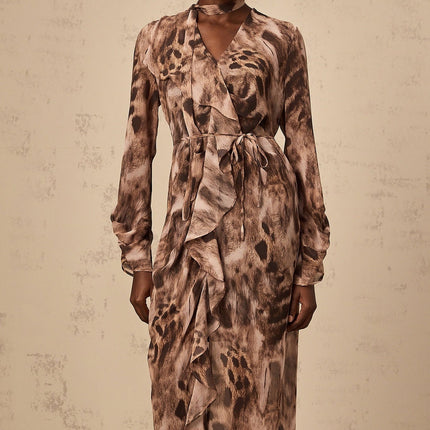 Michelina Brown Leopard Print Ruffled Midi Dress with Tie-Neck and Tied Waist