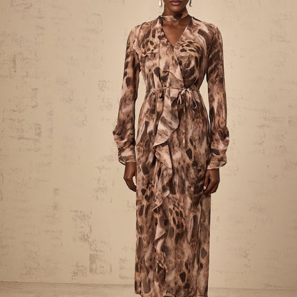 Michelina Brown Leopard Print Ruffled Midi Dress with Tie-Neck and Tied Waist