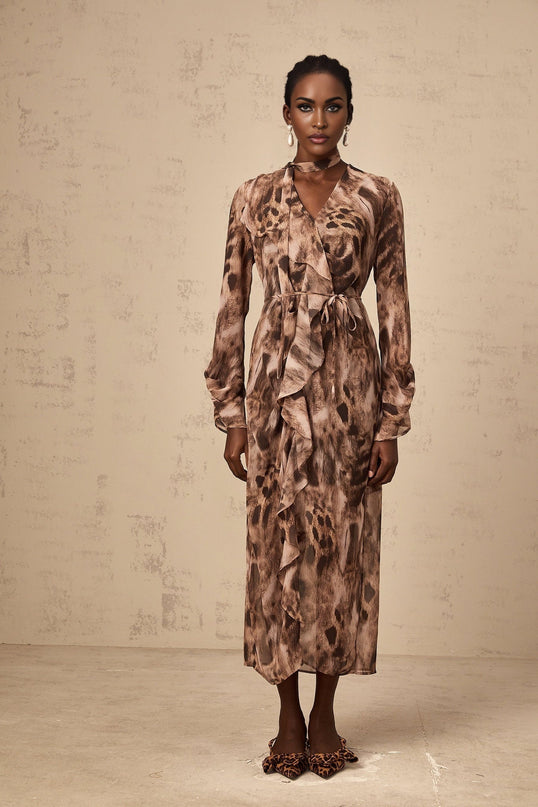 Michelina Brown Leopard Print Ruffled Midi Dress with Tie-Neck and Tied Waist