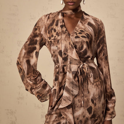 Michelina Brown Leopard Print Ruffled Midi Dress with Tie-Neck and Tied Waist