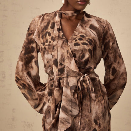 Michelina Brown Leopard Print Ruffled Midi Dress with Tie-Neck and Tied Waist