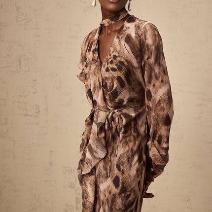 Michelina Brown Leopard Print Ruffled Midi Dress with Tie-Neck and Tied Waist