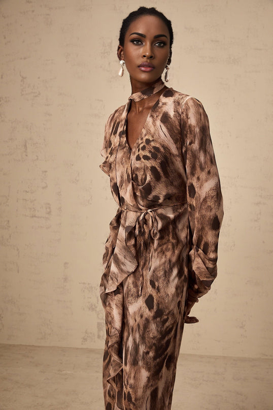 Michelina Brown Leopard Print Ruffled Midi Dress with Tie-Neck and Tied Waist