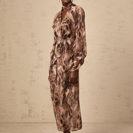 Michelina Brown Leopard Print Ruffled Midi Dress with Tie-Neck and High Slit