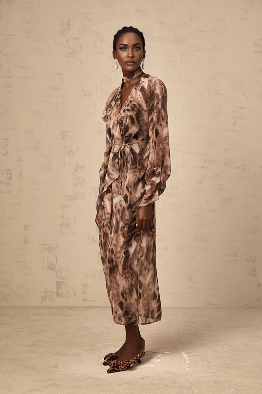 Michelina Brown Leopard Print Ruffled Midi Dress with Tie-Neck and High Slit