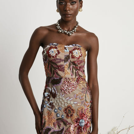 Michelina Floral Midi Dress Red & Multicolor Sequin Embellished Off-Shoulder Sleeveless Semi-Sheer Rear Slit Elegant Spandex Terylene