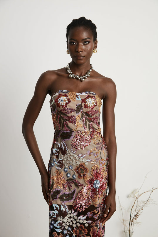 Michelina Floral Midi Dress Red & Multicolor Sequin Embellished Off-Shoulder Sleeveless Semi-Sheer Rear Slit Elegant Spandex Terylene