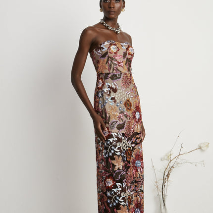 Michelina Floral Midi Dress Red & Multicolor Sequin Embellished Off-Shoulder Sleeveless Semi-Sheer Rear Slit Elegant Dress