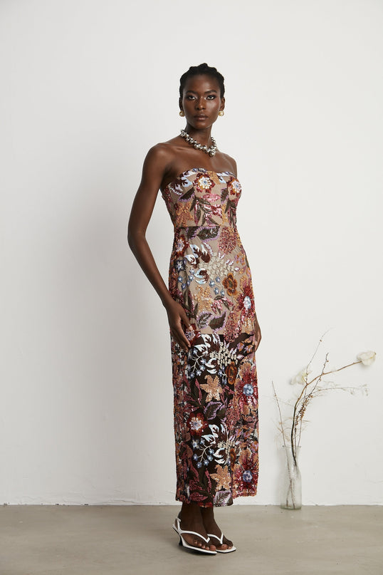 Michelina Floral Midi Dress Red & Multicolor Sequin Embellished Off-Shoulder Sleeveless Semi-Sheer Rear Slit Elegant Dress