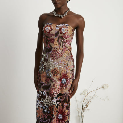 Michelina Floral Midi Dress Red & Multicolor Sequin Embellished Off-Shoulder Sleeveless Semi-Sheer Rear Slit Elegant Dress