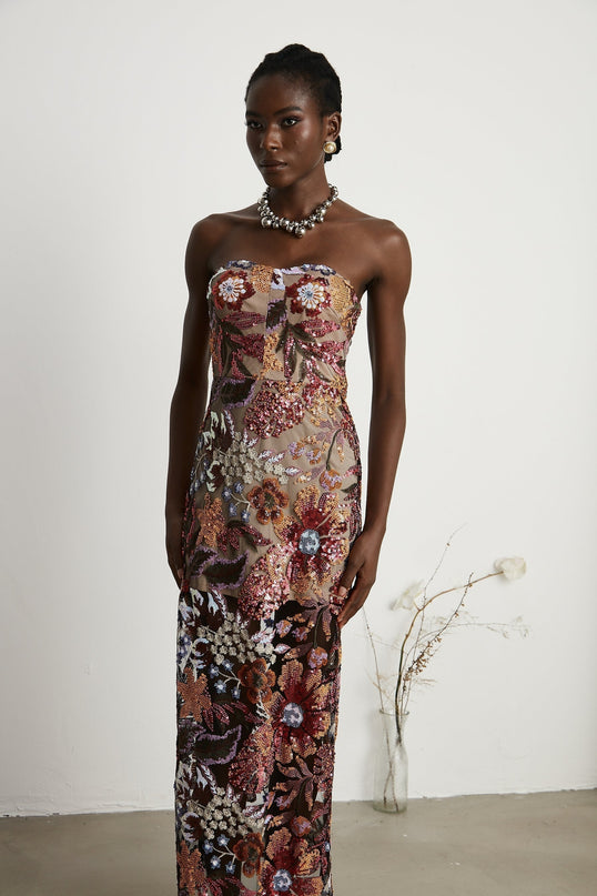 Michelina Floral Midi Dress Red & Multicolor Sequin Embellished Off-Shoulder Sleeveless Semi-Sheer Rear Slit Elegant Dress