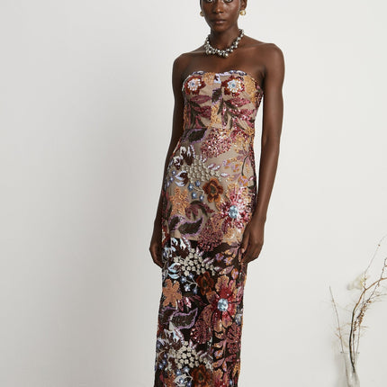 Michelina Floral Midi Dress Red & Multicolor Sequin Embellished Off-Shoulder Sleeveless Semi-Sheer Rear Slit Luxury Fashion