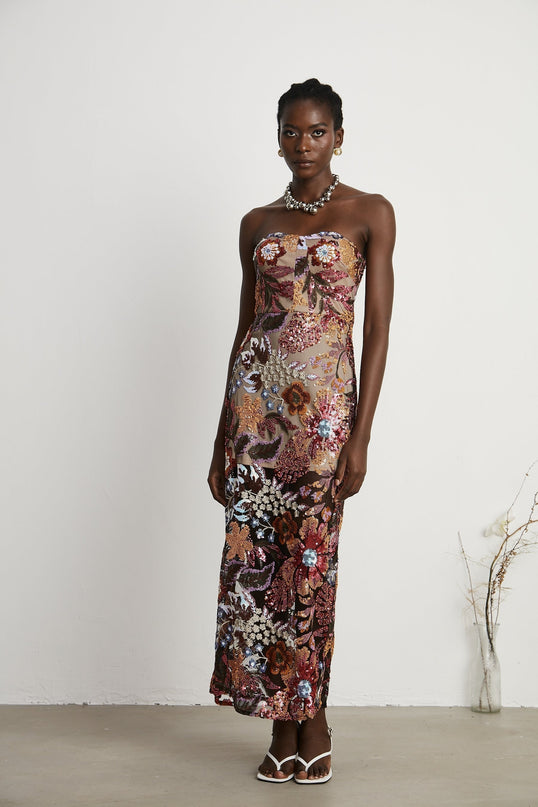 Michelina Floral Midi Dress Red & Multicolor Sequin Embellished Off-Shoulder Sleeveless Semi-Sheer Rear Slit Luxury Fashion