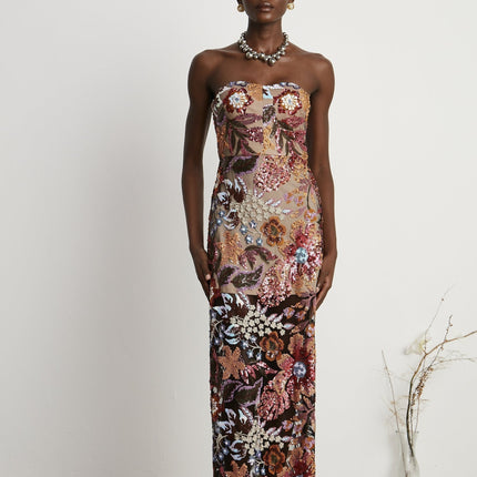 Michelina Floral Midi Dress Red & Multicolor Sequin Embellished Off-Shoulder Sleeveless Semi-Sheer Rear Slit Elegant Dress