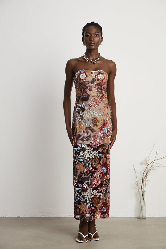 Michelina Floral Midi Dress Red & Multicolor Sequin Embellished Off-Shoulder Sleeveless Semi-Sheer Rear Slit Elegant Dress