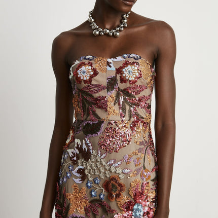 Michelina Floral Midi Dress Red & Multicolor Sequin Embellished Off-Shoulder Sleeveless Semi-Sheer Rear Slit Elegant Fashion