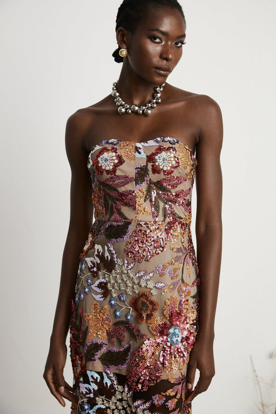 Michelina Floral Midi Dress Red & Multicolor Sequin Embellished Off-Shoulder Sleeveless Semi-Sheer Rear Slit Elegant Fashion
