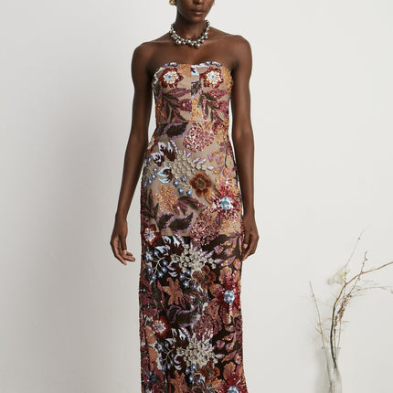 Michelina Floral Midi Dress Red & Multicolor Sequin Embellished Off-Shoulder Sleeveless Semi-Sheer Rear Slit Elegant Dress